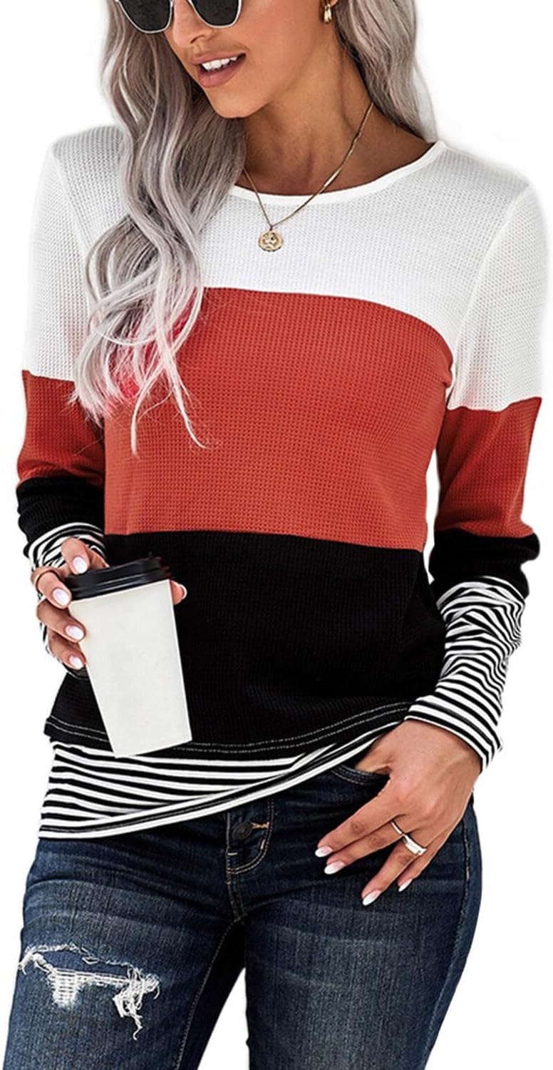NEYOUQE Womens Color Block Waffle Loose Long Sleeve T Shirts Casual Comfy Tops Tee Shirt Women's Tunics