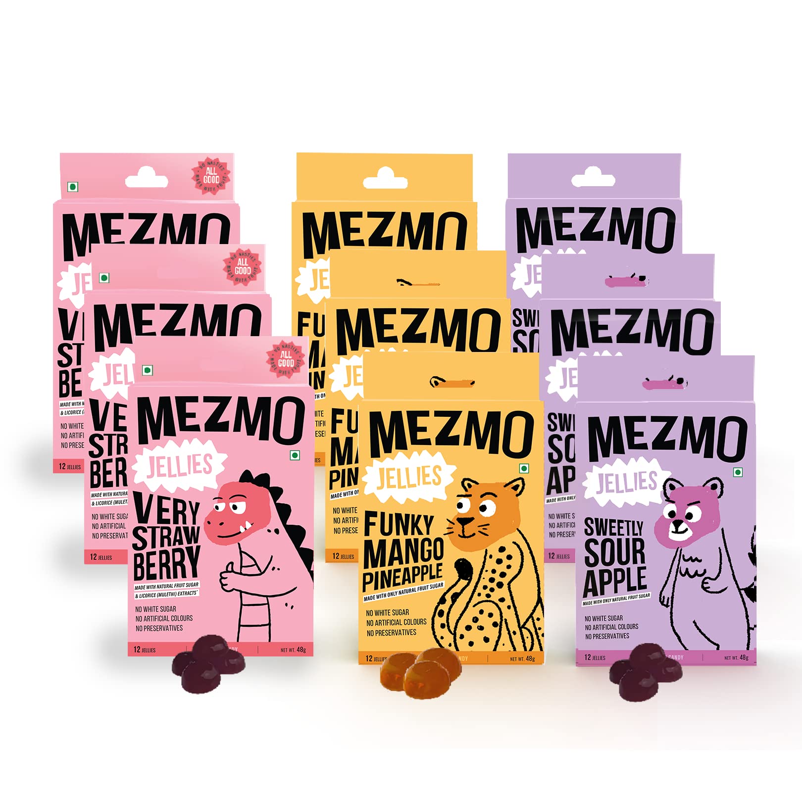 soft jelly healthy n yummy candy with natural fruit sugar 432gms jellies (Pack of 9) - Very Strawberry, Funky Mango Pineapple & Sweetly Sour Apple