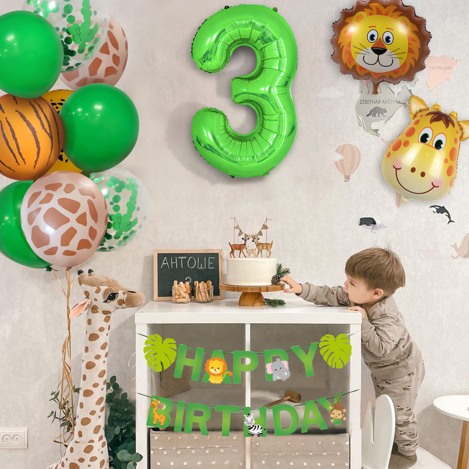 3 Anni Decorazioni Compleanno, Addobbi per Feste Verde Safari Animali della Giungla con Palloncini Animali Safari Striscione Buon Compleanno 40'' 3 Palloncino Foil Verde per Bambino Ragazza Ragazzi
