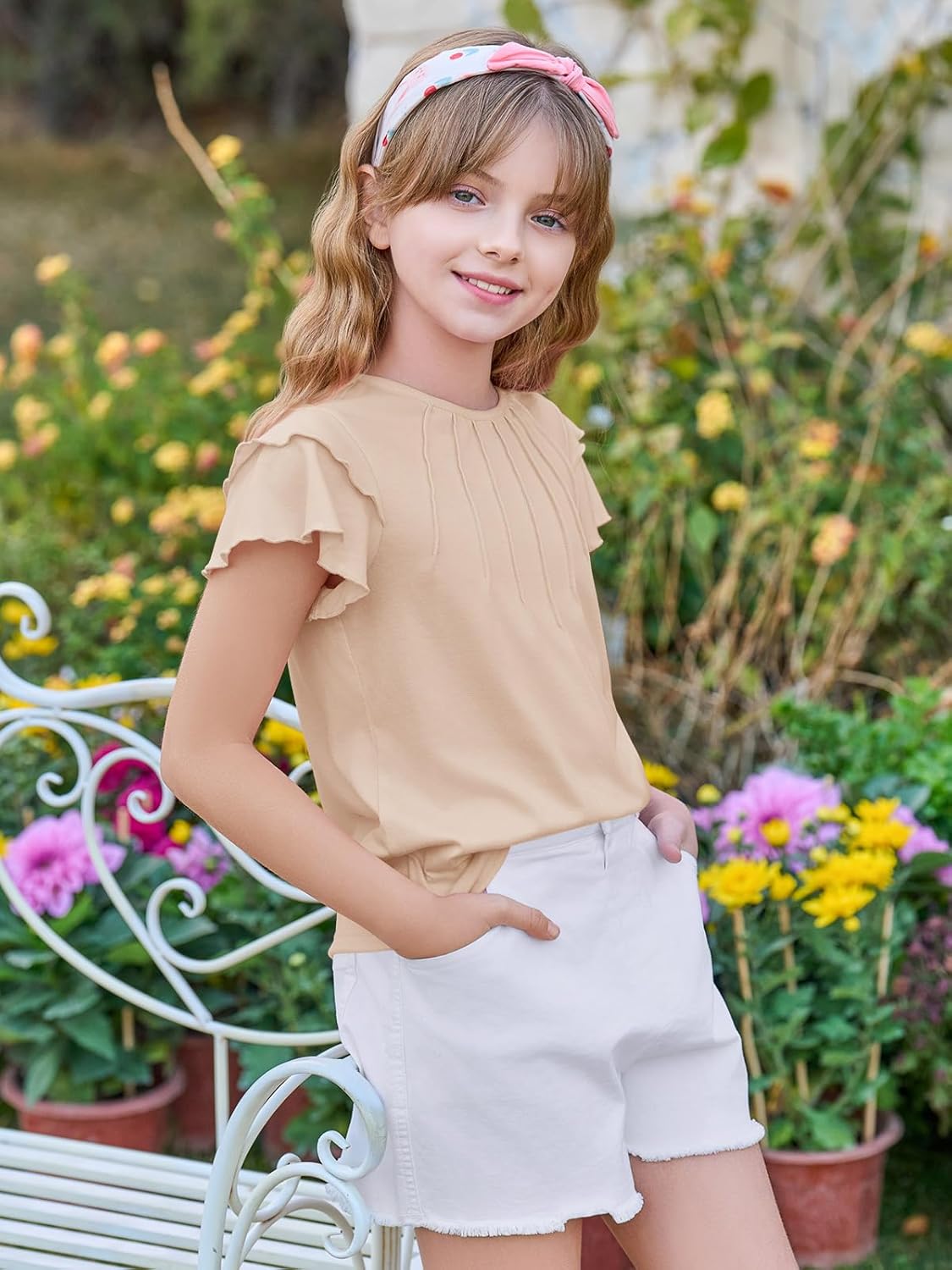 Haloumoning Girls Pleated Ruffle Short Sleeve Shirts Kids Summer Crewneck T-Shirts Fashion Tops Tees 5-14 Years - Image 3