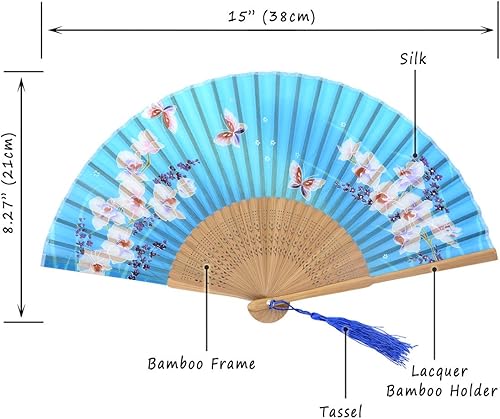 Miniatura 2 de OMyTea Abanicos plegables de seda de mano con marco de bambú, con una funda de tela para protección para regalos, 100% hecho a mano oriental