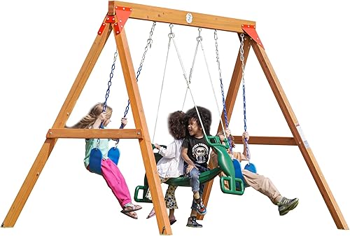 Columpio planeador para patio de juegos con delfines para niños, juegos de columpio de madera para patio trasero con 2 columpios de cinturón, equipo
