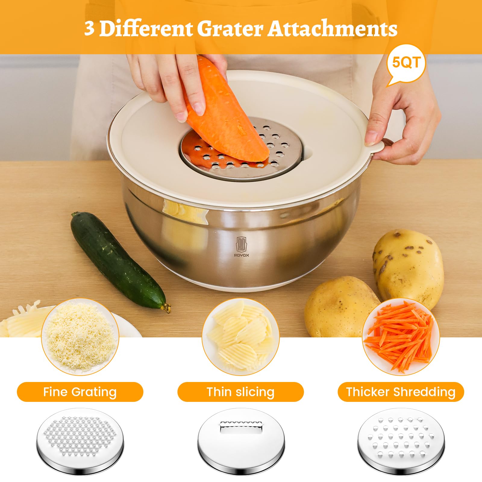 ROYDX - Juego de cuencos de acero inoxidable para mezclar, juego de 19 cuencos anidados con 3 accesorios de rallador, base de silicona antideslizante, tapas herméticas sin BPA para hornear, preparar,