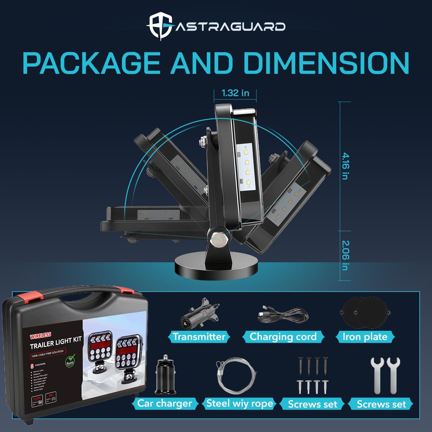 Wireless Trailer Lights, Magnetic Tow Lights, Rechargeable LED Wireless Trailer Light Kit for Truck, Boat, RV, Campers and Utility Trailers, IP67 Waterproof (Black)