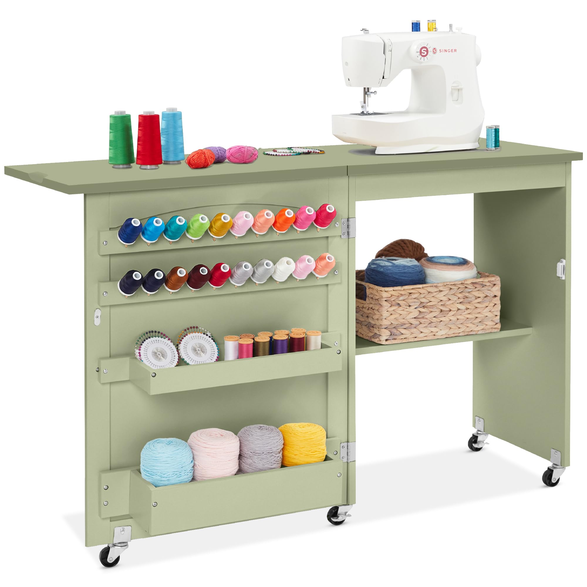 Folding Sewing Table Multipurpose Craft Station & Side Desk with Compact Design, Wheels, Shelves, Storage Trays, Pegs, Magnetic Doors, Metal Doorknobs - Light Green
