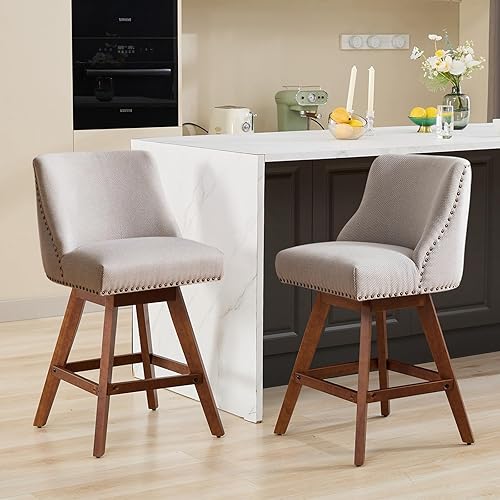 Miniatura 2 de Juego de 2 taburetes de bar giratorios de altura de mostrador, modernos taburetes de bar para isla de cocina, taburetes de bar beige con respaldo,