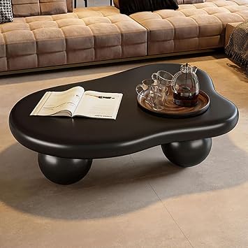 Modern Coffee Table Cloud Shape Coffee Table Low Coffee Table Unique Cartoon Irregular Indoor Tea Table with 3 Ball Leg for Living Room Apartment Easy Assembly,Black,46in