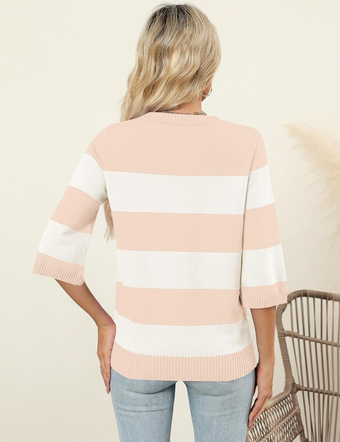 LOMON Womens Sweaters Casual Fall 2025 Crew Neck Striped 3/4 Sleeve Lightweight Knit Trendy Pullover Sweater Tops S-XL - Image 6