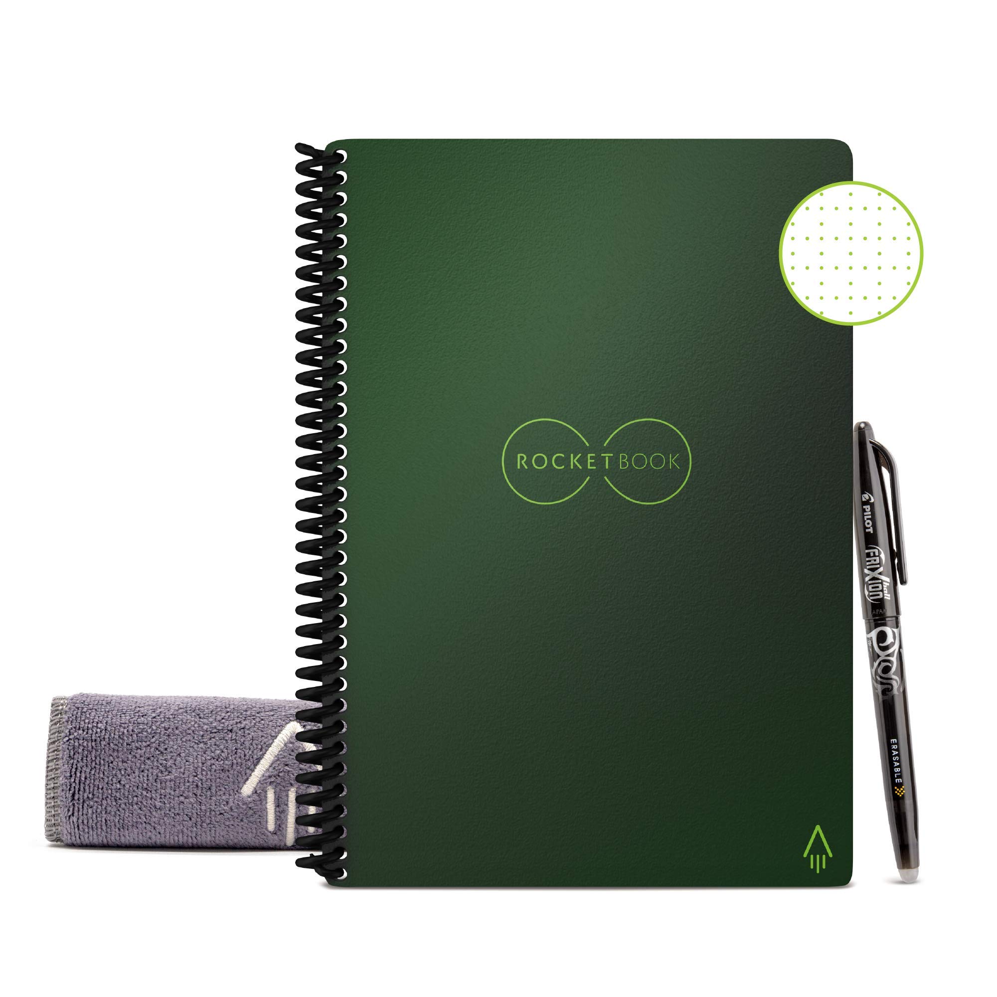 Rocketbook Smart Reusable Notebook - Dotted Grid Eco-Friendly Notebook with 1 Pilot Frixion Pen & 1 Microfiber Cloth Included - Terrestrial Green Cover, Executive Size (6" x 8")
