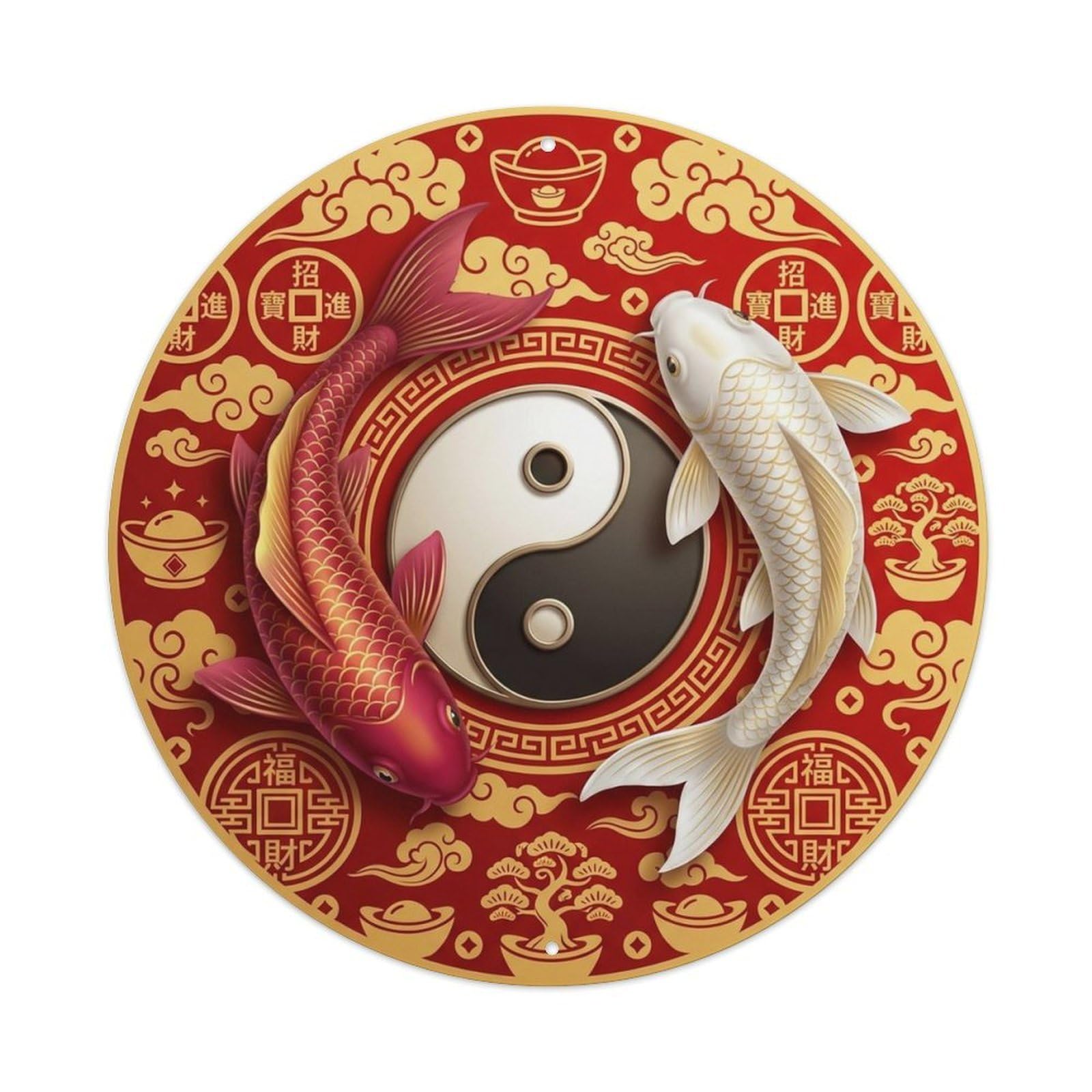 Olyhtr 8X8inch Classic Style Yin Yang Koi Prosperity Fortune Good Luck Motif Metal Tin Sign