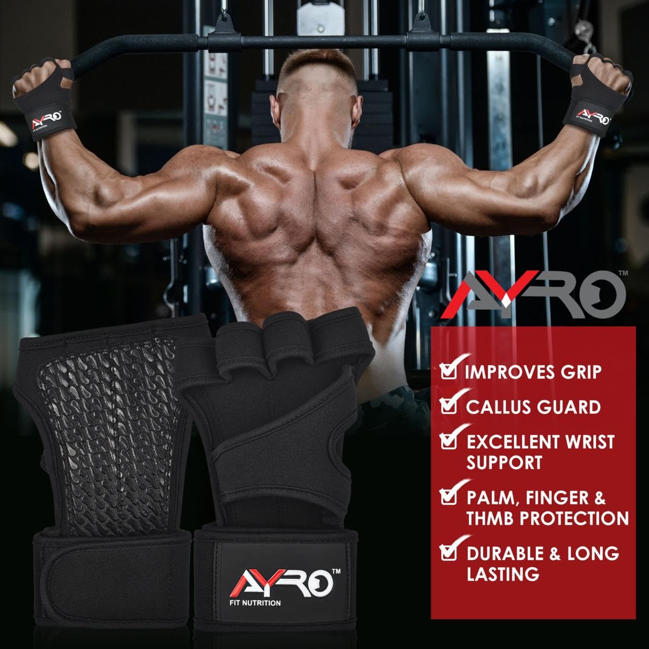AYRO Trainingshandschuhe, belüftete Trainingshandschuhe für Männer und Frauen, Gewichtheber-Handschuhe, Fitnesshandschuhe für Männer, Fitnesshandschuhe mit Handgelenkbandagen