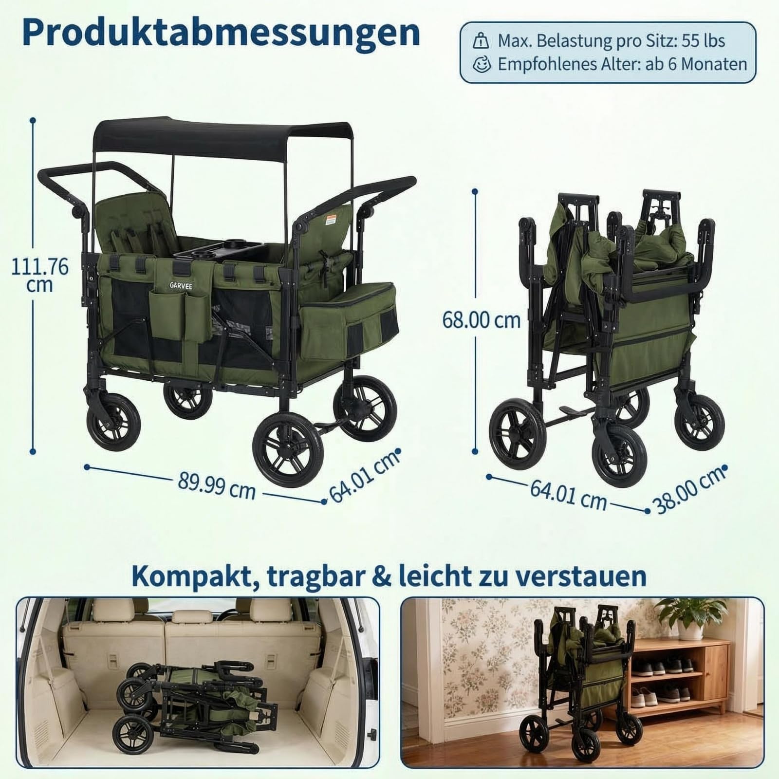 Bollerwagen faltbar mit 4 Sitze,Premium Bollerwagen für 4 Kinder mit Dach Kinderwagen Handwagen mit 5-Punkt-Gurt,Snack Tablett,Sonnenschutzdach,geländegängigen PU-Rädern
