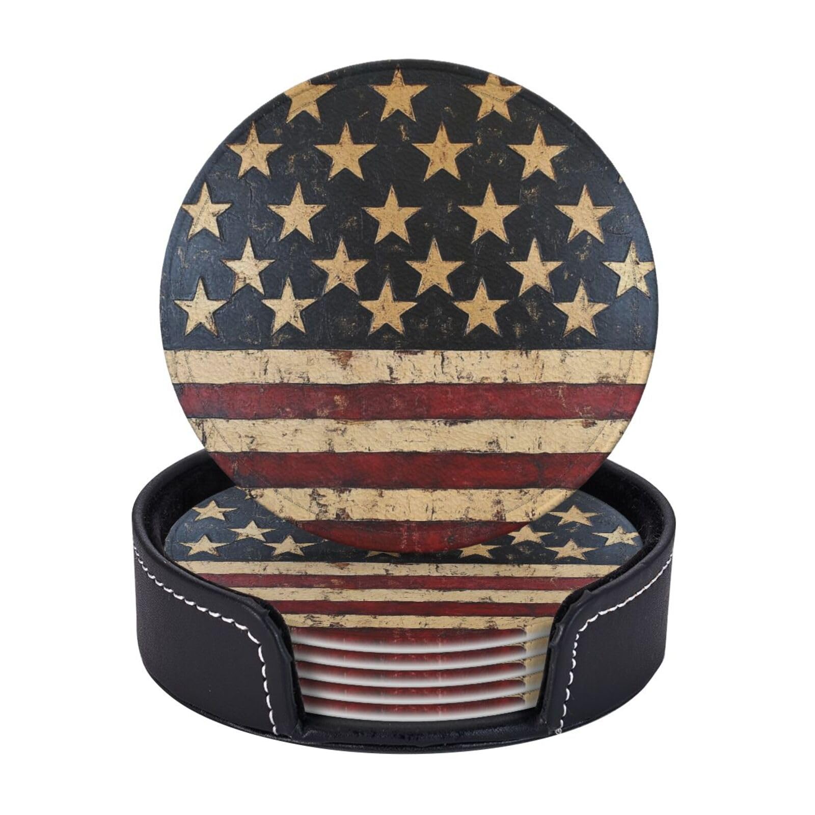 Xopekvlawm Women's American Flag Stars Stripes Drink Coasters 6Pcs Round Leather Coaster With Holder Coasters For Drinks Coffee Cup Mat Heat Resistant Coaster For Tabletop Protection Desk Accessories Office Home Decor