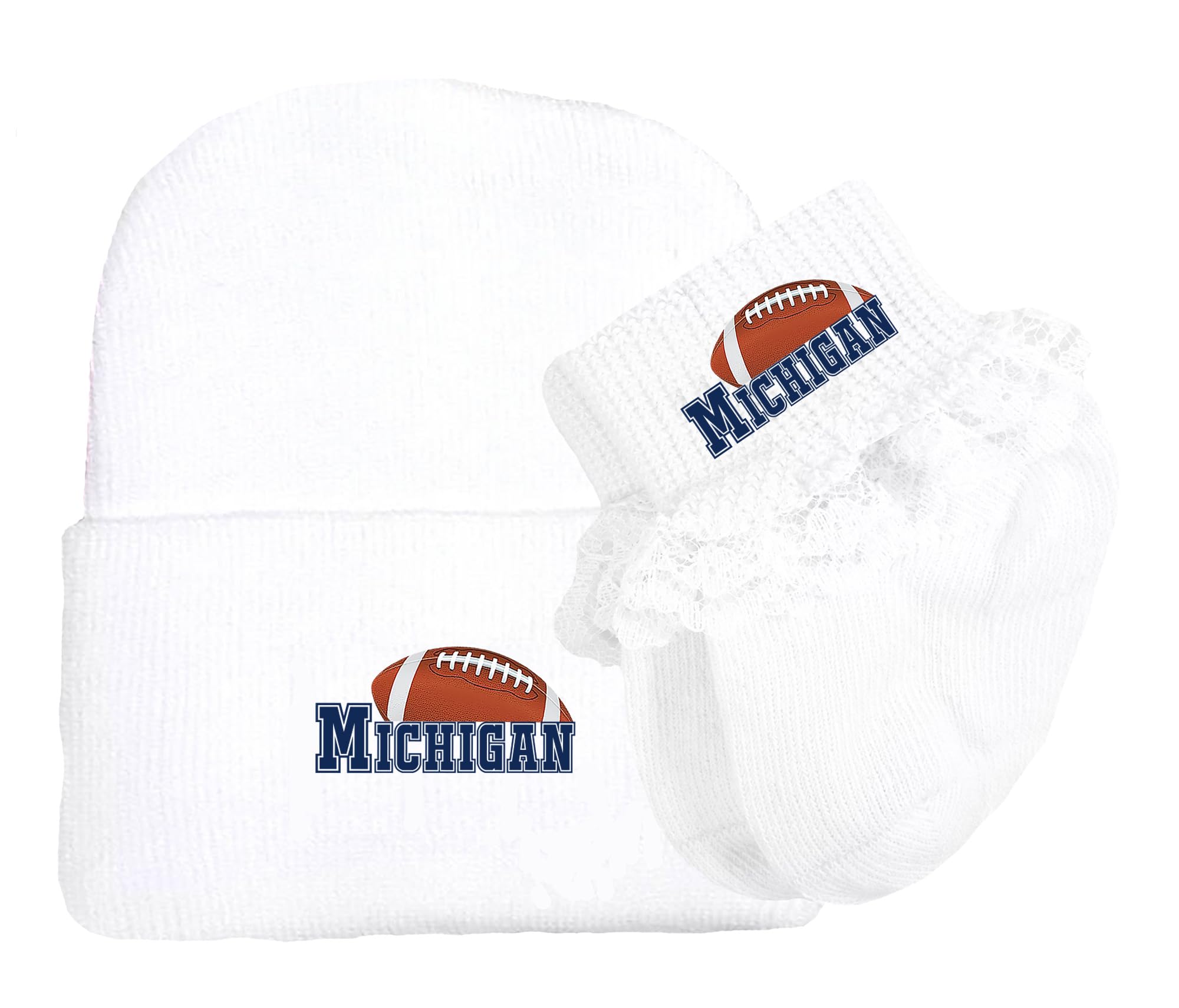 Future Tailgater Newborn Baby Knit Cap and Socks with Lace Set for Michigan Football Fans