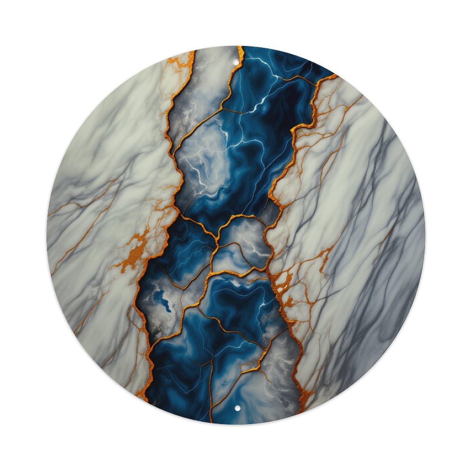 Marble Blue Veins Gold Accents Abstract Pattern Round Vintage Tin Sign,Retro Wall Art,Metal Poster for Home, Bar, Garage, Cafe, Rustic Indoor & Outdoor Decor, 8x8 Inches