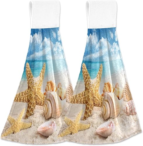 Lhammer Beach Seashells - Toallas de cocina con estrella de mar azul para colgar en la decoración del baño, paquete de 2 toallas de playa con lazo