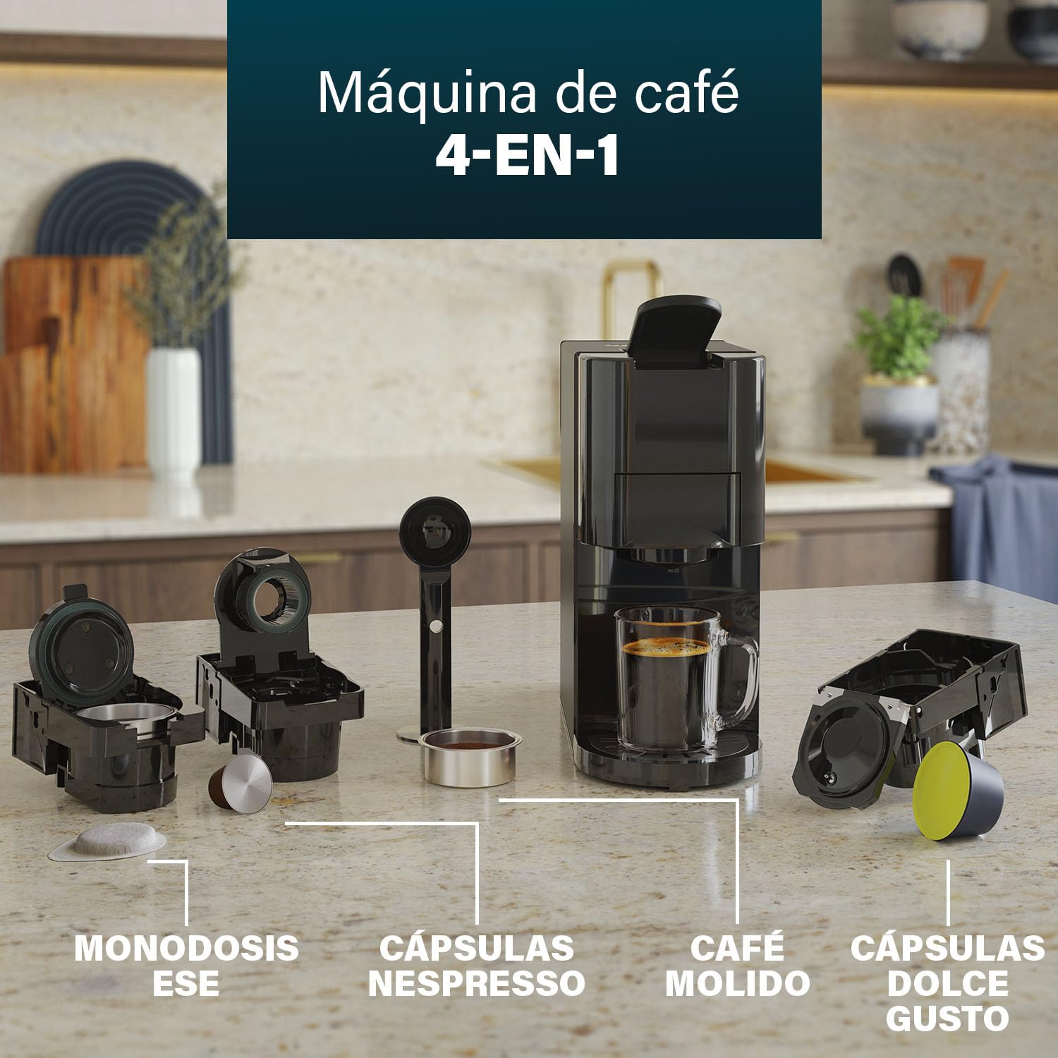 Princess Máquina multicápsula, bomba italiana de 19 bares, depósito de agua de 800 ml, compatibilidad 4 en 1, 1450 W, compatible con Nespresso® y Dolce Gusto®, sin BPA, piezas desmontables, 249454