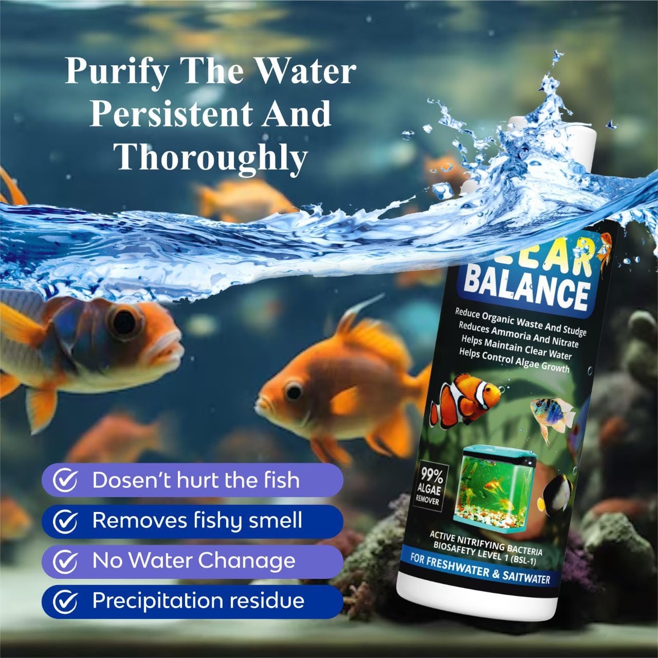 Scentora Clear Balance Water Purifier Algae Remover, Moss Remover, Aquarium and Fish Tank Cleaner, 100% Fish Safe Aquarium Tank Biological Water Purifier Agent (200ml Each) (200ml) 1