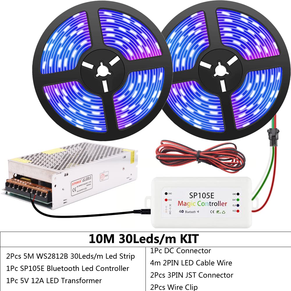 WS2812B individualmente direccionable inteligente RGB LED tira de luz IP30 no impermeable flexible sueño color 32.8T 10M luz SP105E Bluetooth LED controlador DC5V 12A LED transformador KIT