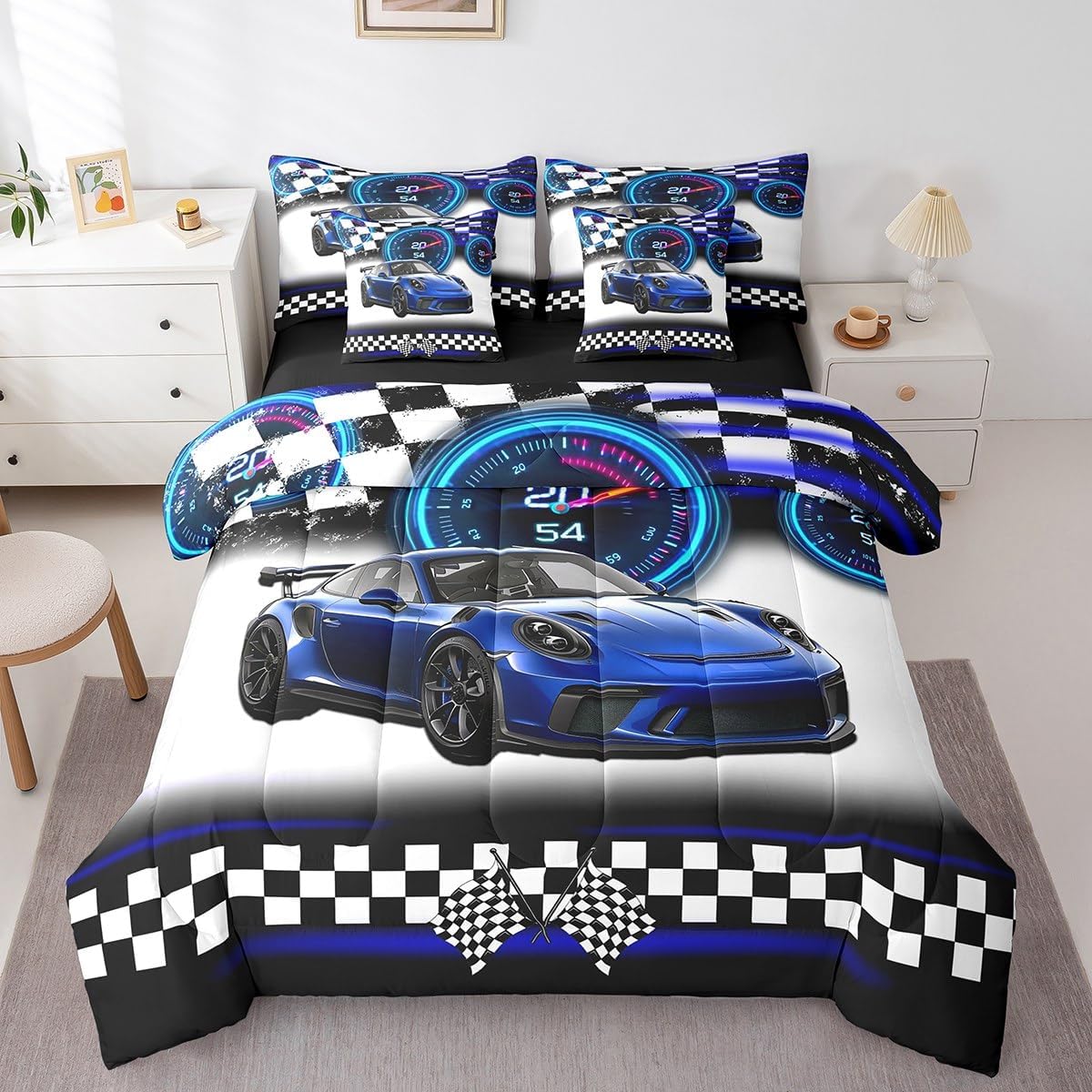 Feelyou 7 Piece Blue Racing Car Bed in a Bag Twin for Boys Kids Car Sports Sheet Set,Extreme Sport Games Bed Set for Girls Women Modern Bedding Set with Comforter Cool Speed Cushion Covers