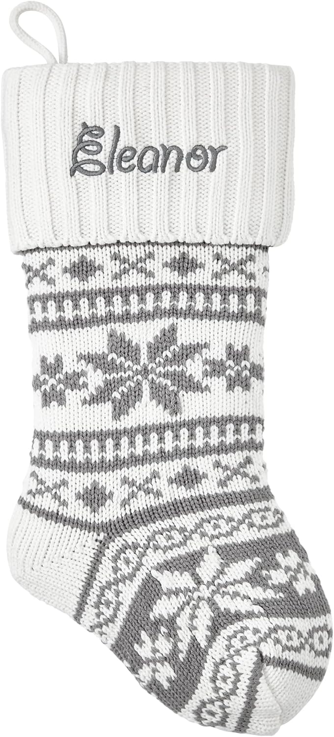Let's Make Memories Personalized Snowflake Knit Christmas Stocking- Holiday Décor- White Cuff/Gray