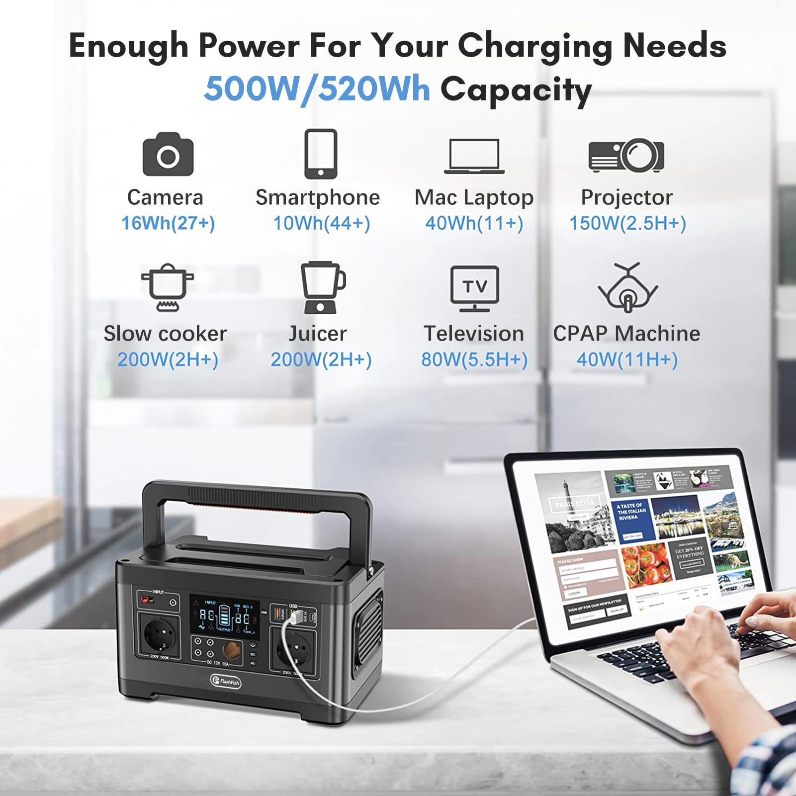Irishom Générateur solaire portable 140400 mAh/520 Wh 500 W CPAP avec 2 prises de courant alternatif 230 V / 4 ports CC / 1 port de charge rapide / 2 ports USB