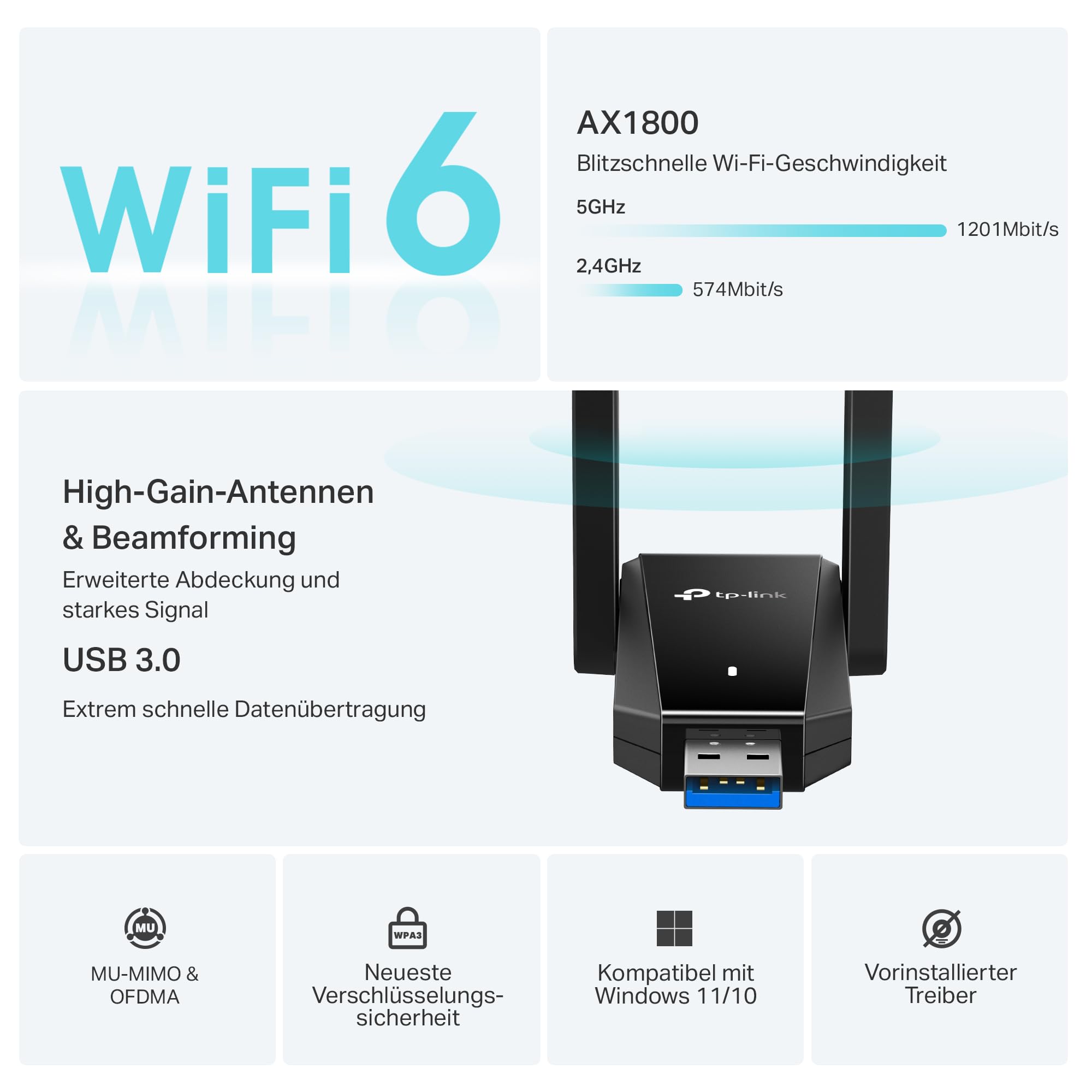 TP-Link Archer TX30U Plus Wi-Fi 6 WLAN Stick Für PC, AX1800 Dual Band Adapter, USB 3.0, MU-MIMO, 2- Hochleistungsantennen, WPA3, Kompatibel mit Windows 11-10