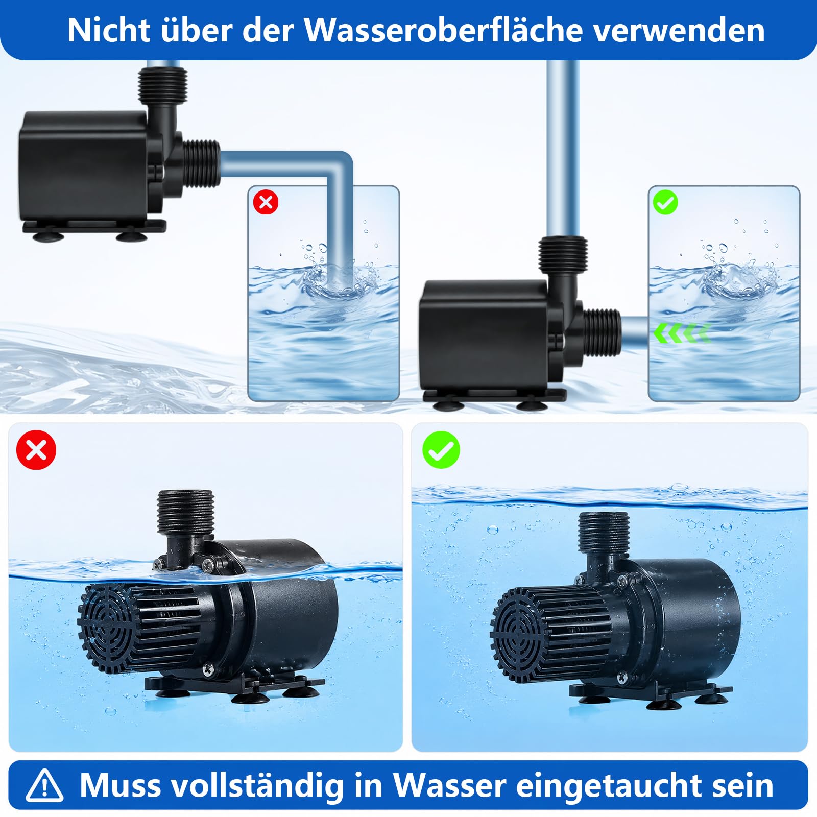 Pompa dell'acqua da 12 V, 800 l/h, 15 W, mini pompa sommergibile con cavo da 1,5 m e flusso regolabile a 5 livelli, altezza di erogazione 4,5 m, silenziosa in acciaio inox, per acquari, fontane