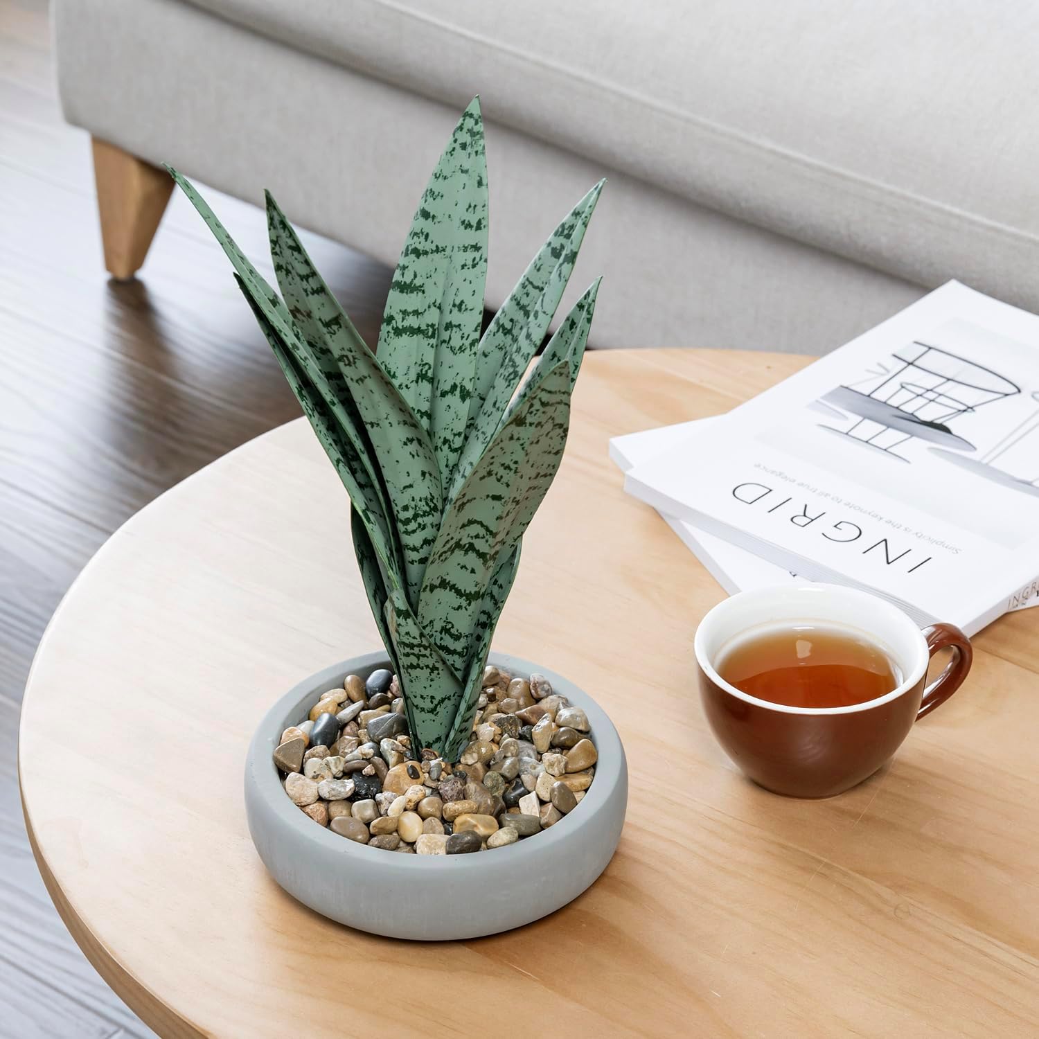 MyGift 12 Inch Artificial Mini Snake Plant Potted in Modern Round Gray Concrete Planter Pot, Realistic Houseplant, Indoor Faux Plant Tabletop Home Decor