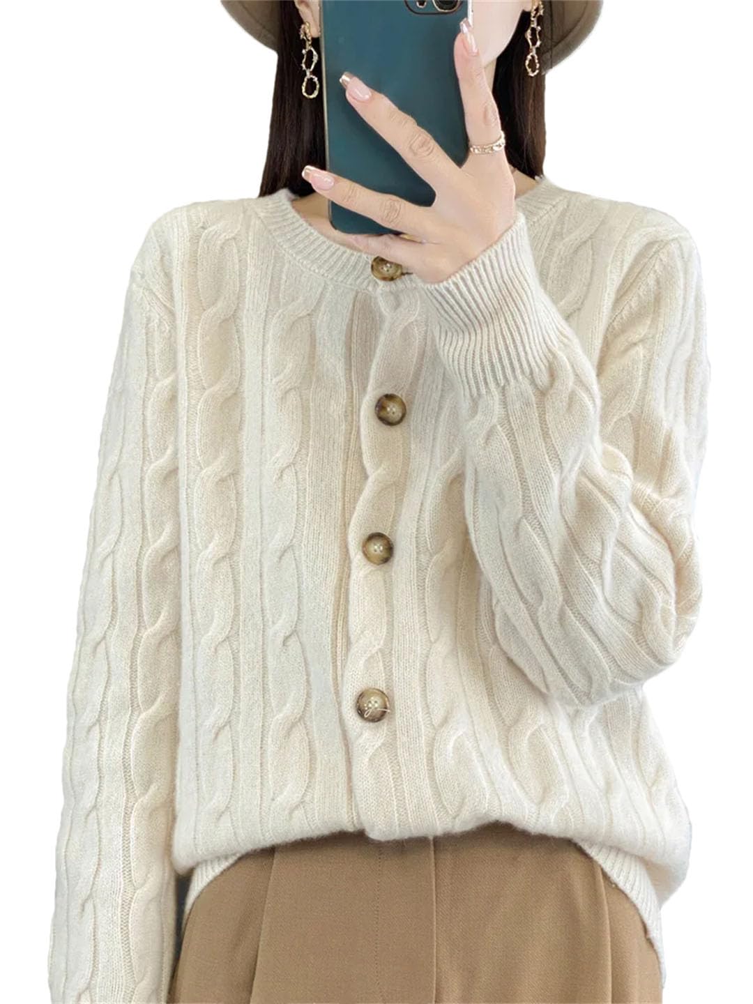 Cardigan O-Collo per Femminile Lana Merino Maglione Twist Fiore Manica Lunga Donne Abbigliamento Lavorato A Maglia