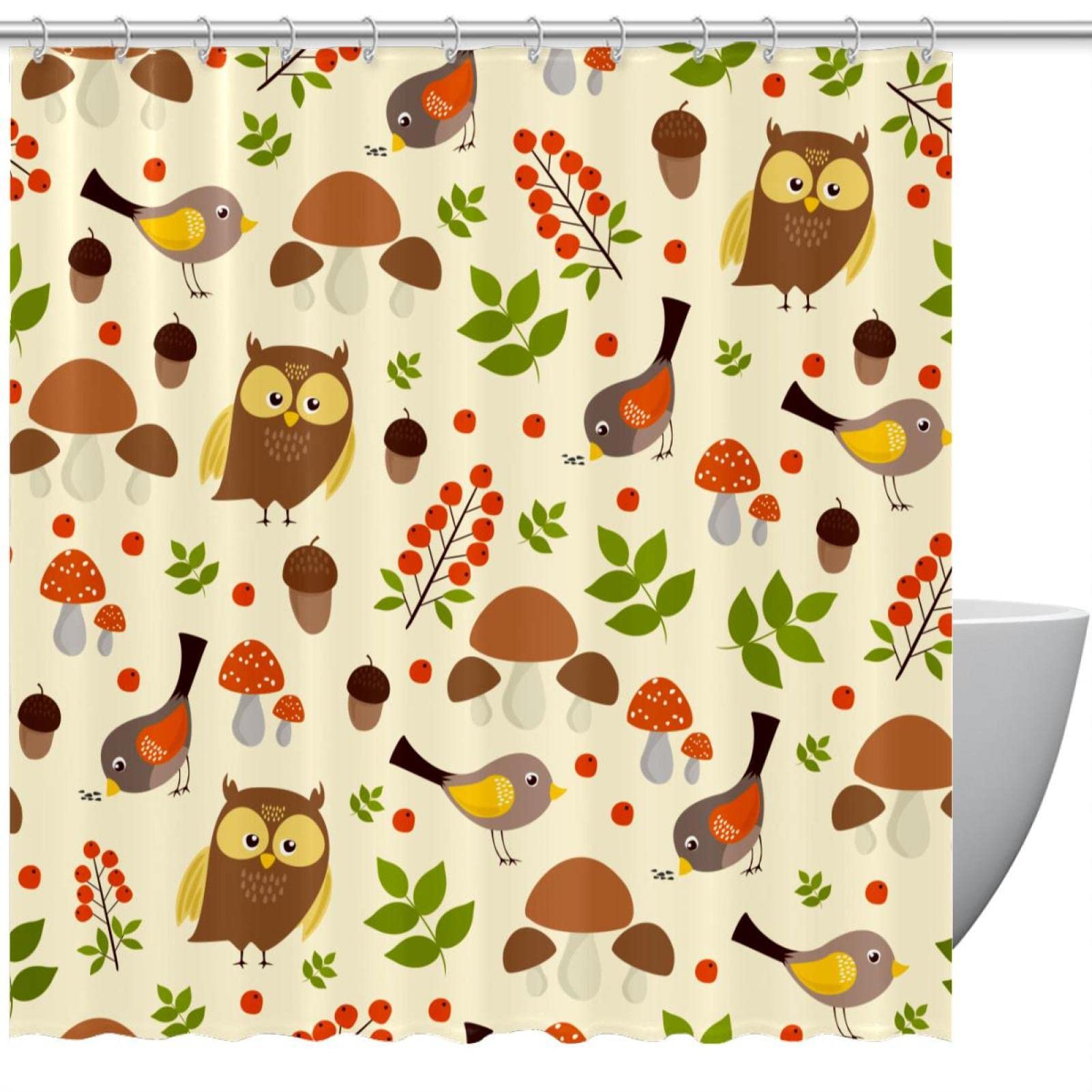 Rideau de douche motif chouette, oiseaux et champignon en aquarelle - Format 183 x 183 cm