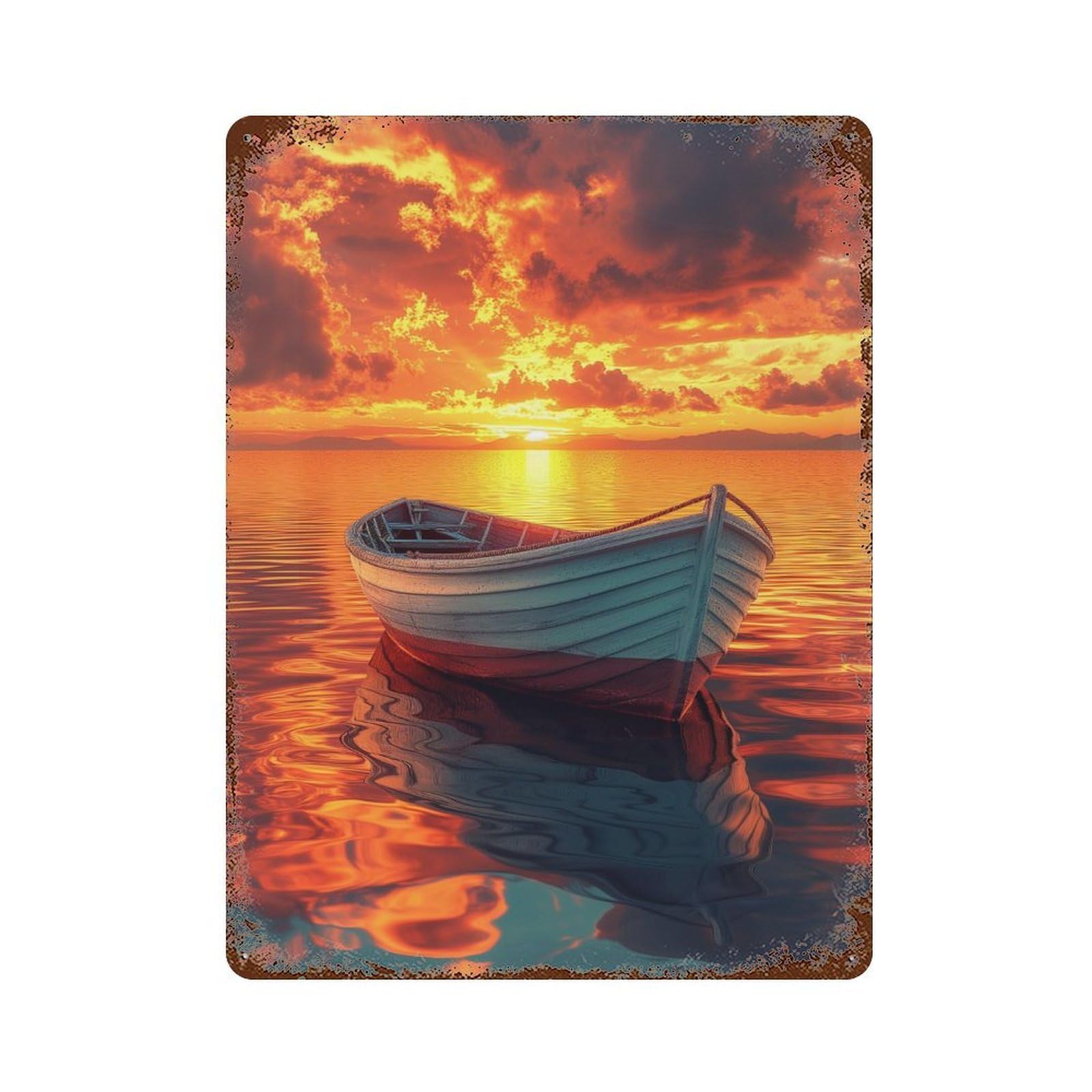 Boat Reflections at Sunset Rusty Metal Tin Sign 15.7"x11.8", for Pub, Kitchen And Man Cave Decor, Novelty Wall Decor