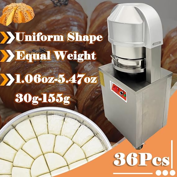 Electric Dough Divider Cutter 36Pcs Dough Dividing Cutting Machine Pastry Cutter Dough Lump Spacer Stainless Steel Fillings Divider with 2 Stainless Steel Plates for Bakery 30-155g 110V