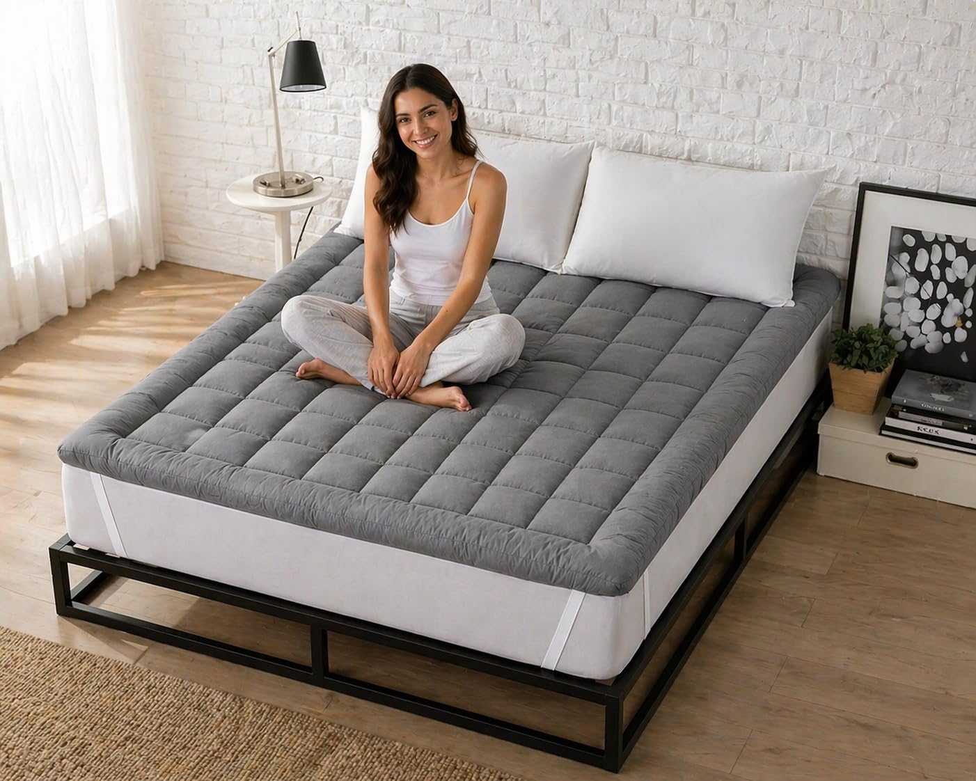 1200 GSM Quilted Mattress Topper for Double Bed (60 x 72 Inch, Grey) | Extra Thick Pillow Top Mattress Pad | Soft Microfiber Filling | Breathable & Comfortable | Elastic Corner Straps-image-46