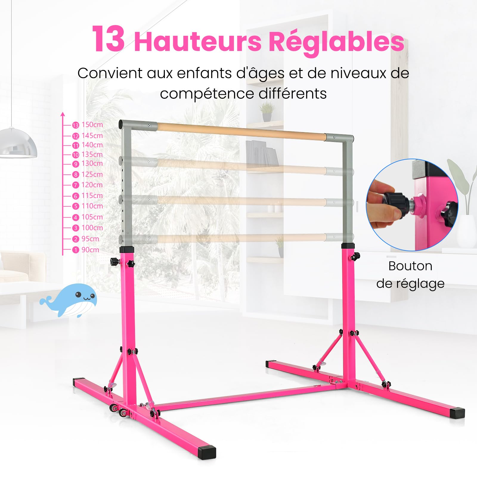 GOPLUS Barra de entrenamiento de gimnasia de acero, barra horizontal altura ajustable de 94 a 150 cm, capacidad de peso 100 kg, ideal para ejercicios en interiores, escuela, hogar, jardín