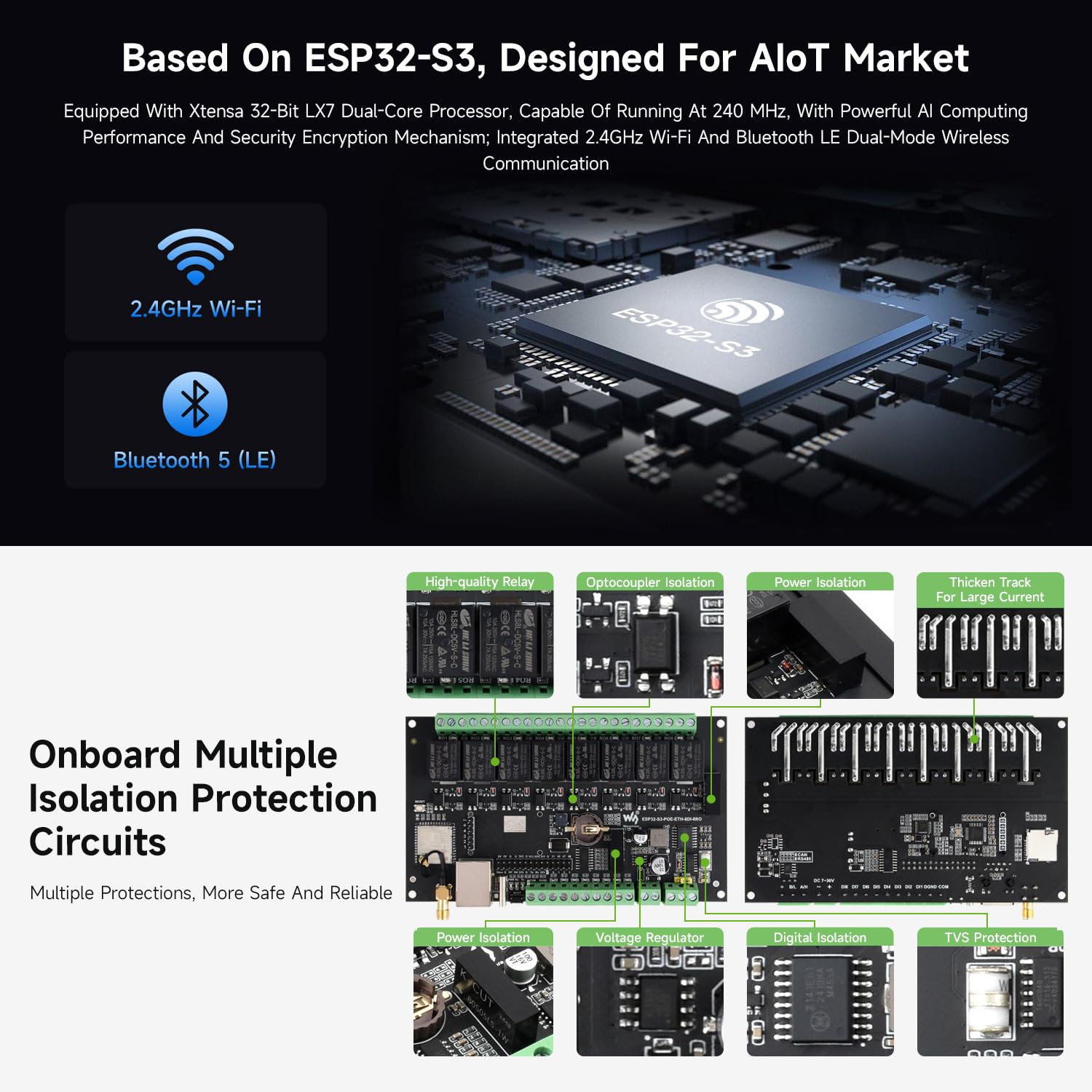 Waveshare ESP32-S3-ETH-8DI-8RO(Common Network Port), Industrial 8-Ch ESP32-S3 WiFi Relay Module, Isolated RS485 Interface, Xtensa 32-bit LX7 2-Core Processor, Up To 240MHz, Multi Isolation Protection