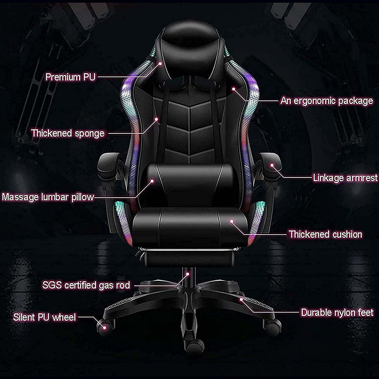 Gaming Chair with Speakers, Gaming Chair LED Lights - PU Leather Recliner 360°Swivel Function Ergonomic Video Game Chairs with Headrest Armrest Electric Massage Office Chair,White