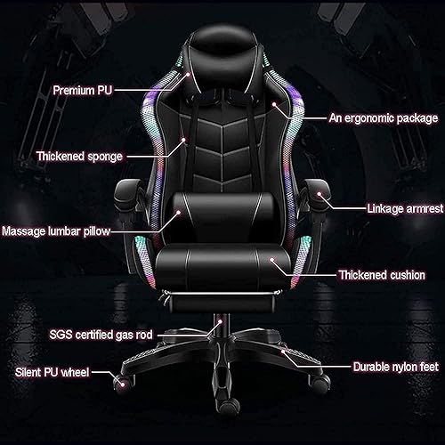 Miniatura 4 de Silla de juegos con altavoces, silla de juegos con luces LED, reclinable, de piel sintética, función giratoria de 360, sillas ergonómicas de