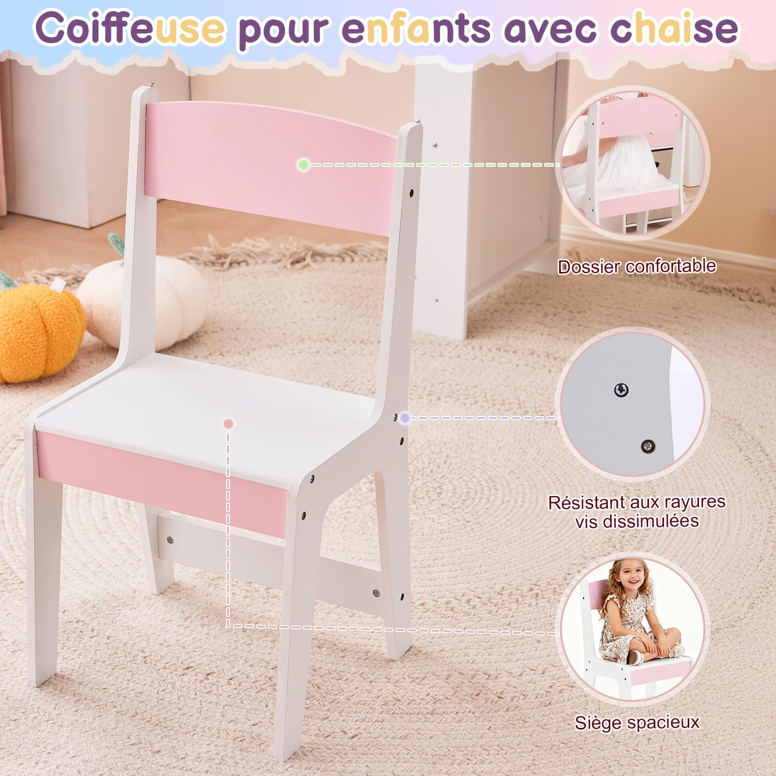 LALAHO 2 en 1 Coiffeuse pour Enfants et Miroir LED, Coiffeuse Fille avec Tabouret，Bibliothèque pour Enfants, Tiroirs en Tissu et Tiroirs en Bois, Crochets à Bijoux，pour Les 4-9 Ans (Blanc & Rose)