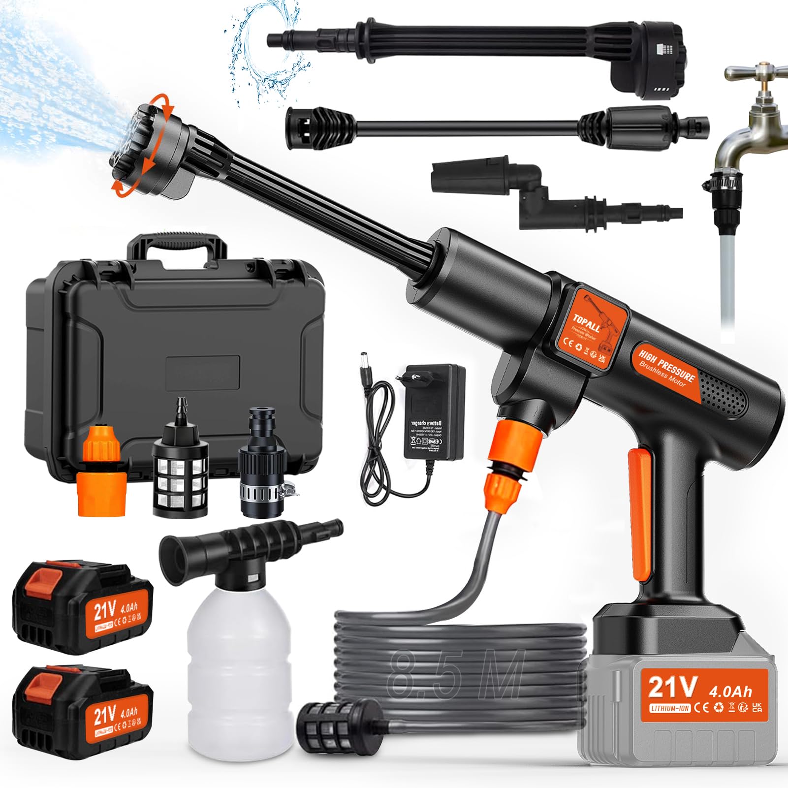 TOPALL Idropulitrice a Batteria,Pistola Idropulitrice Portatile,High Pressure Cleaner,Max da 45 Bar,con 2 * 4000mAH Batterie | Tubo da 8.5M | 6 in 1 Ugello | Rotante Ugello,per Auto,Giardino TP-01