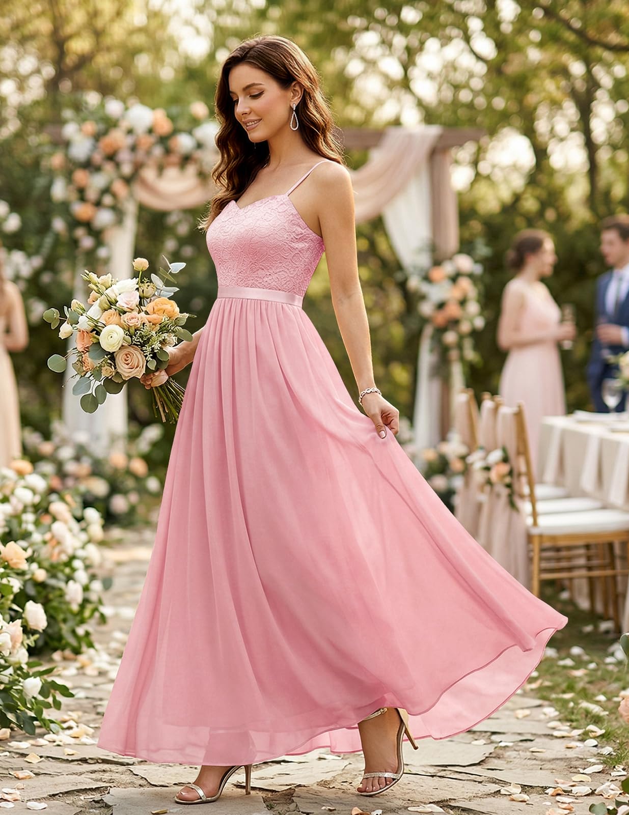 DRESSTELLS Vestido formal para mujer, largo, para dama de honor, boda, invitada, modesto, cóctel, fiesta, vestido con tirantes