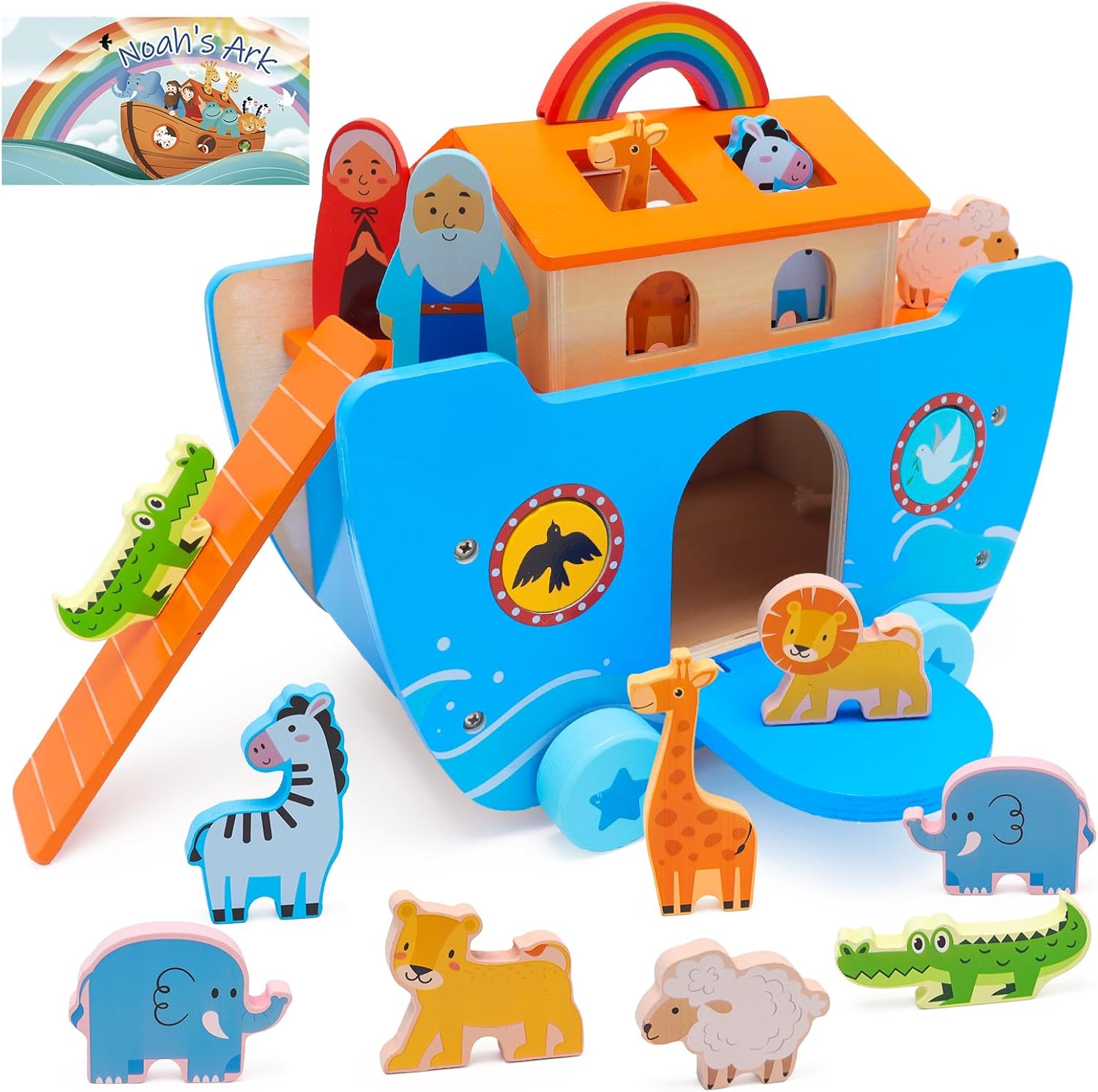 Yelakey Wooden Noah's Ark Toy Baptism Gifts for 1 2 3 4 Years Old Baby Boy and Girl Montessori Educational Toy for Toddlers with Bible Story Animal Shape Sorter