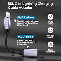 Vista 2 de TechMatte Adaptador de cable USB C a Lightning macho hembra, 27 W PD carga rápida solo compatible con iPhone, iPad, iPod, AirPods, sin audio,