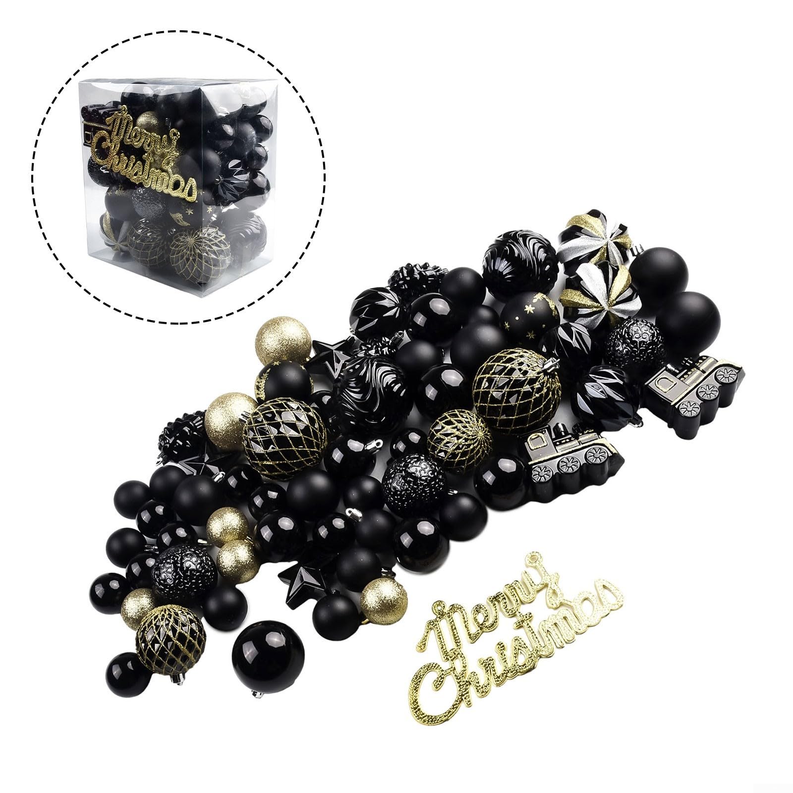 65-teiliges Weihnachtskugel-Ornament-Set, Weihnachtsbaumschmuck, hängende Kugeln, Weihnachtskugel, Dekoration, bruchsicher, Weihnachtsbaumschmuck für Weihnachtsbaum, Hochzeit, Party (Schwarz