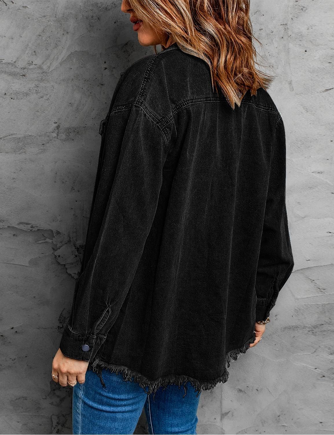 Vetinee Women’s Oversized Button Up Frayed Hem Shacket Long Sleeve Pockets Denim Jean Jacket - Image 2
