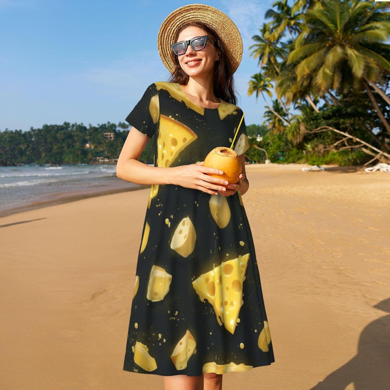 Women's Summer Dress Casual Short Sleeve Dress High Waist Knee Length Dress