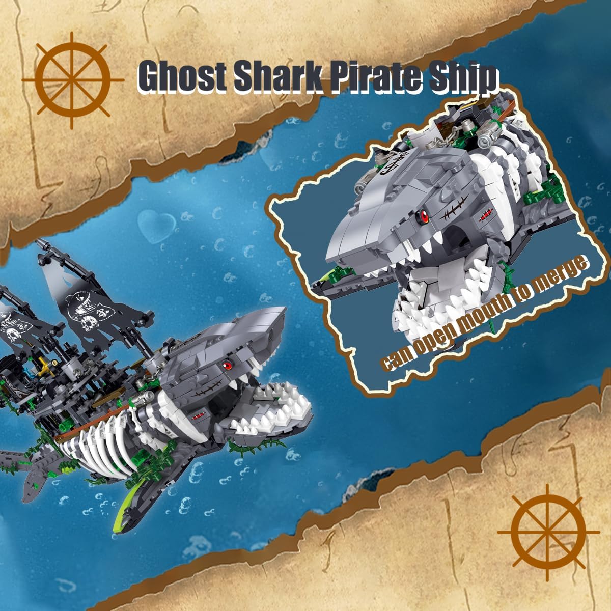 BDYDT Ghost Shark Pirate Ship Mini Building Blocks Set (1155 Pieces) Building Set Model Toys Gifts for Kid and Adult, Interesting Gifts for Pirate Ship Enthusiasts