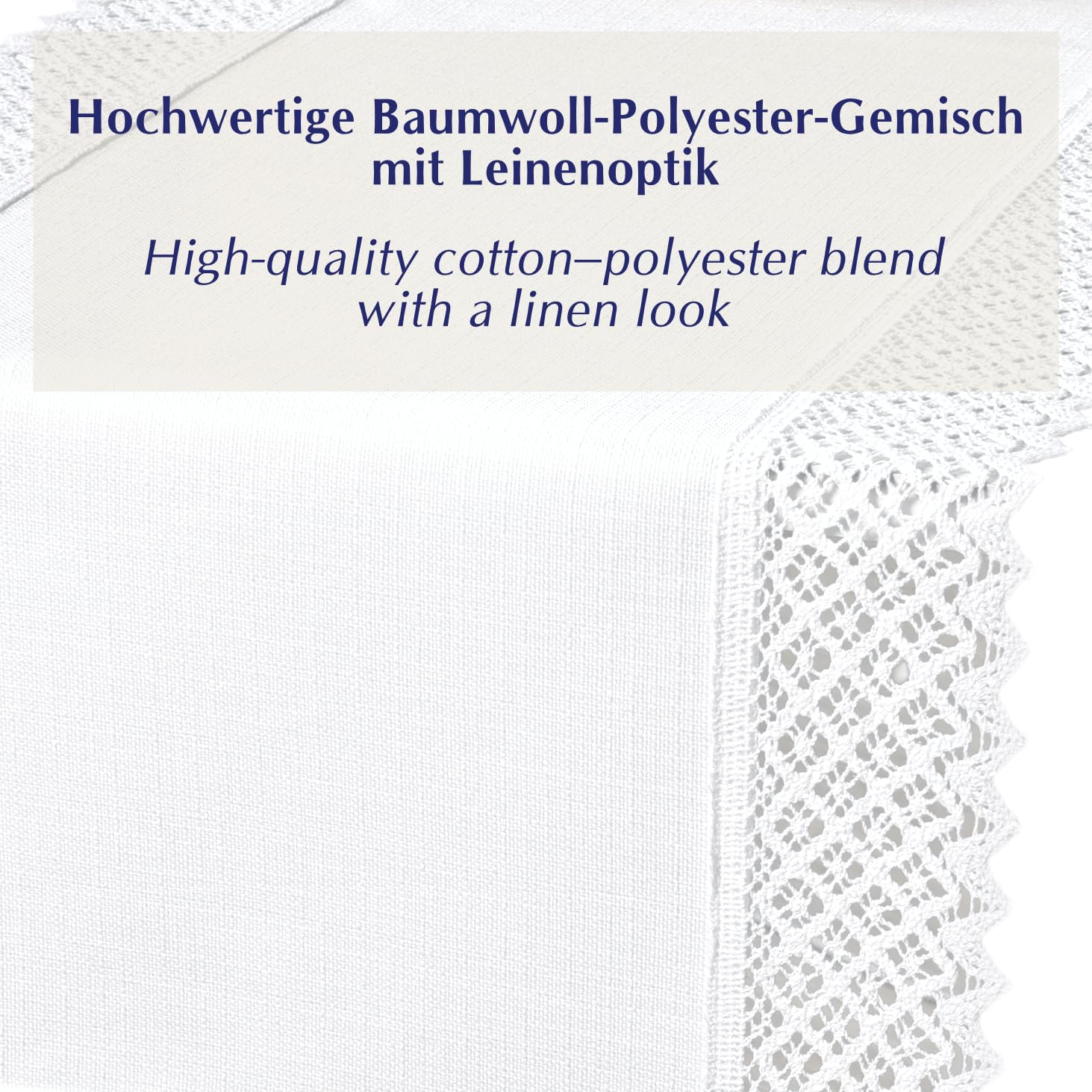 Tischdecke mit Spitze 100x100 cm Mitteldecke Weiß in Leinenoptik mit 7cm Baumwollspitze - Baumwolle Polyester 230g/m² Schwere Qualität, Fleckschutz mit Lotuseffekt