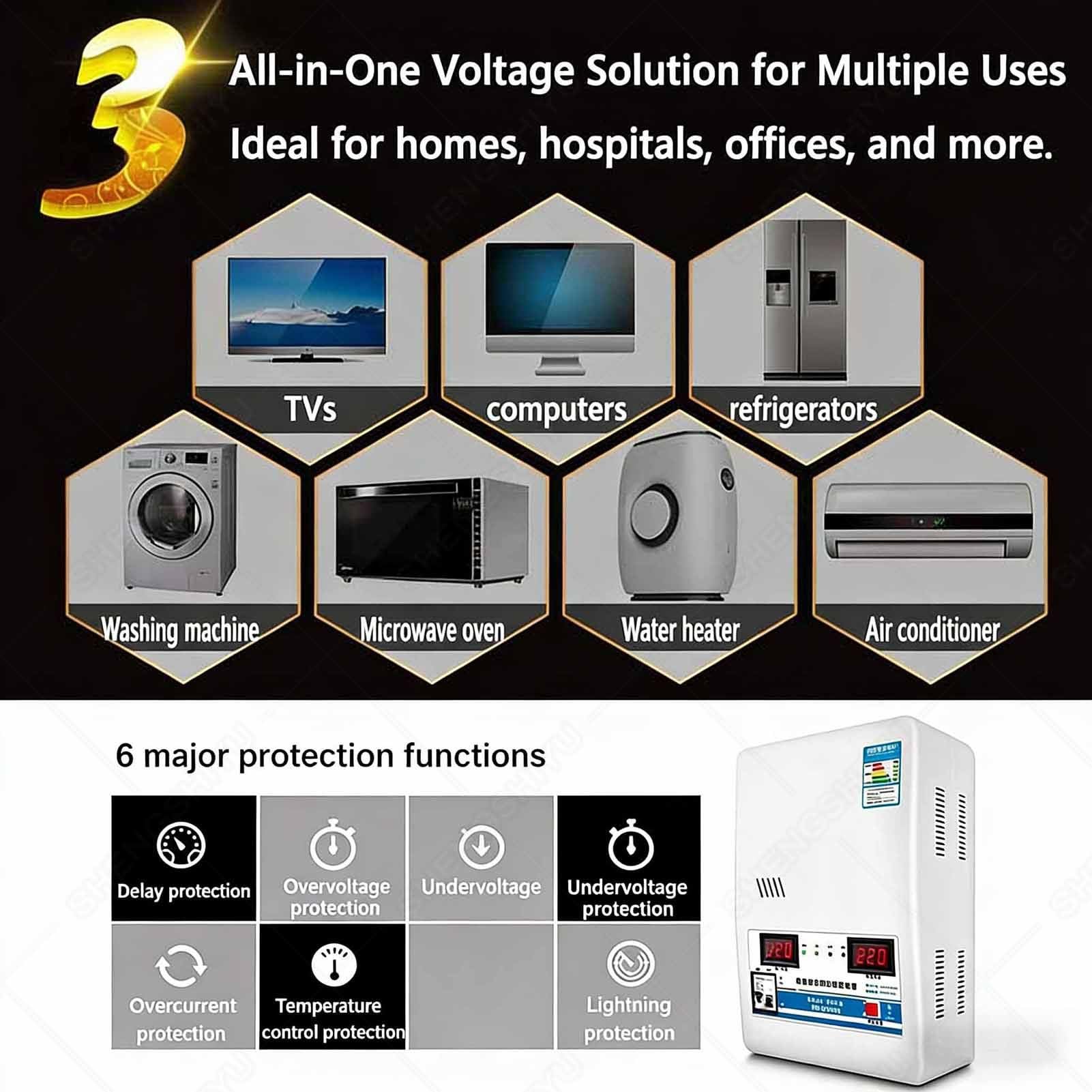 Estabilizador Voltaje Ultrabajo 220V,6800W/15000W/30000W,Estabilizador Voltaje Potencia Completamente Automático,Pantalla Voltaje Doble Pantalla Digital 15000W