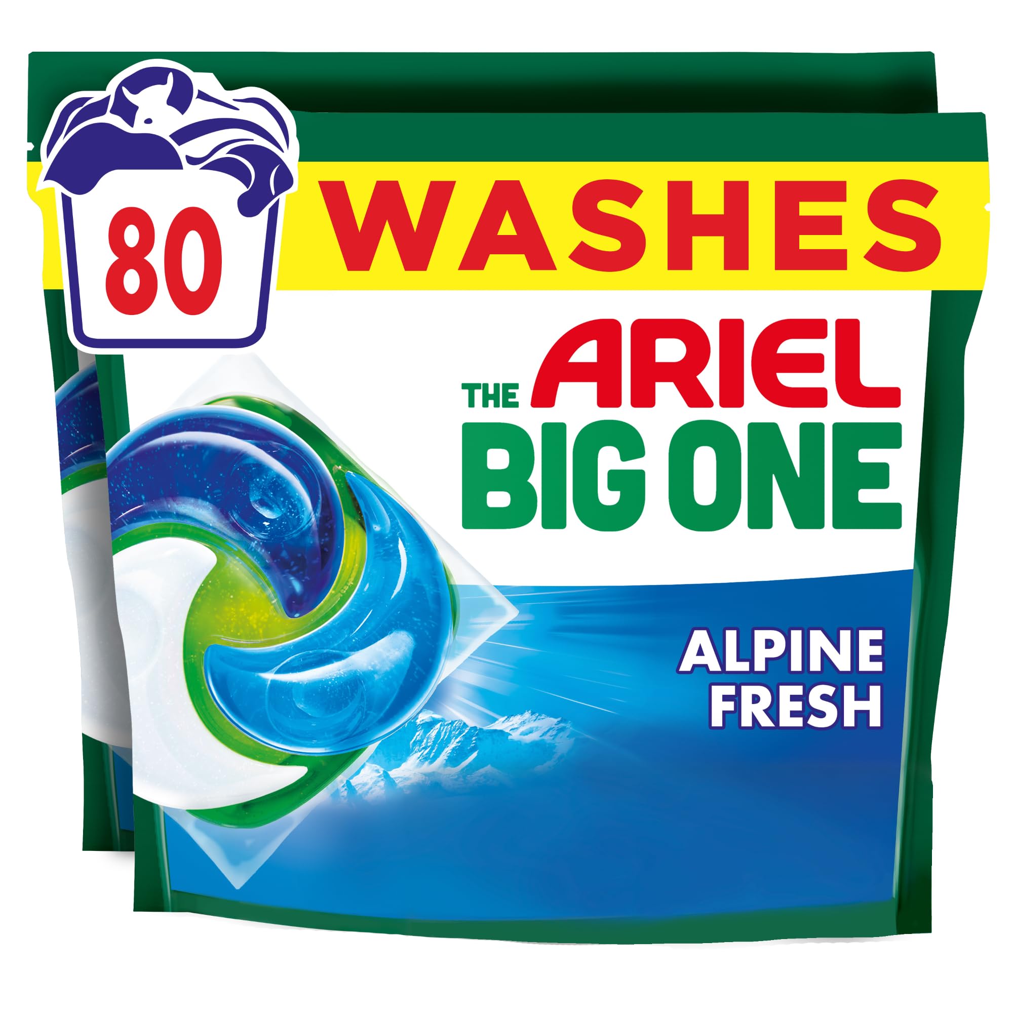 Ariel The Big One PODS®, Washing Liquid Laundry Detergent Capsules, 2x40ct | 2 x 40 Washes, Alpine Fresh, 2X Stain & Odour Removal, Fast Dissolving Even in Cold